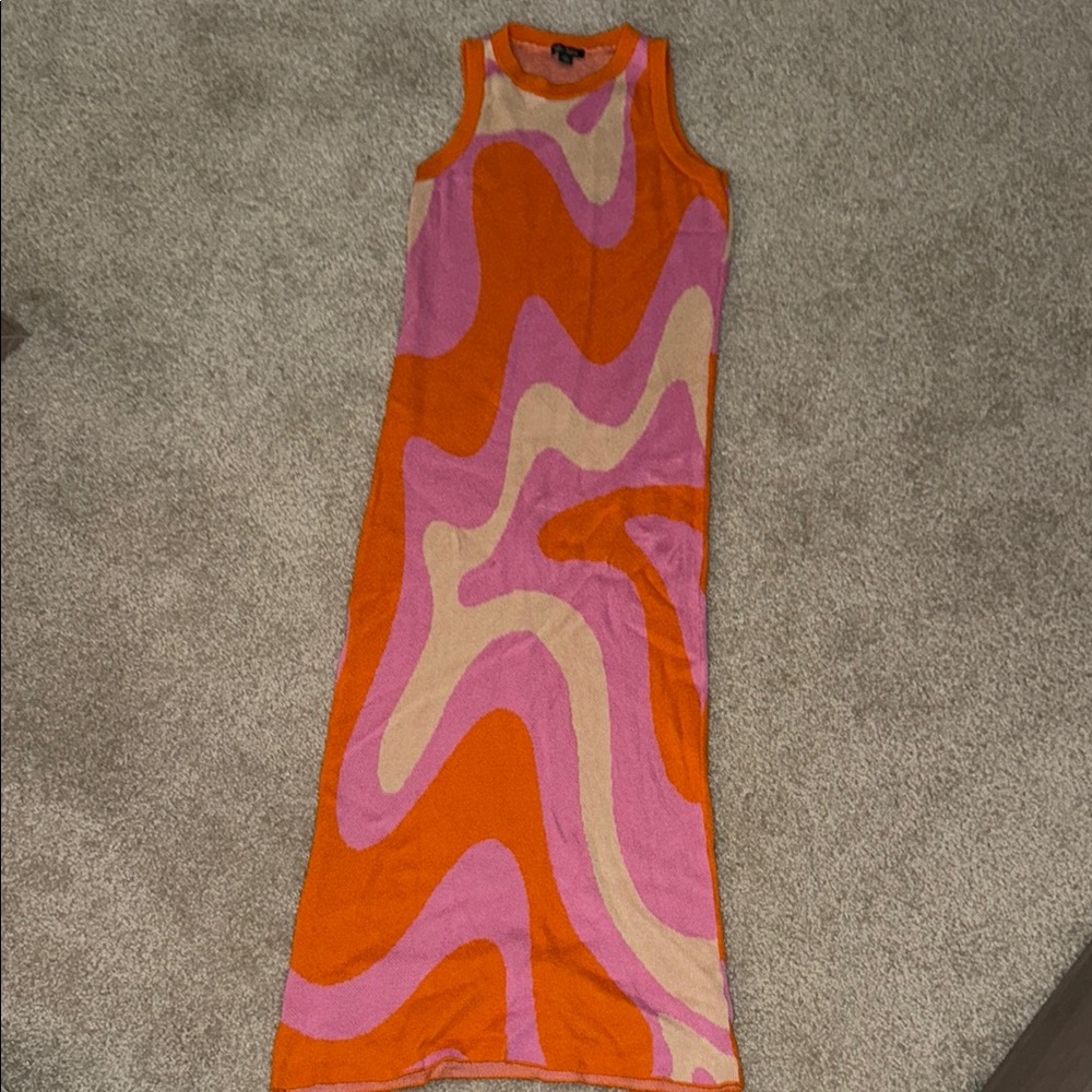 Vibrant Orange and Pink Swirl Midi Dress